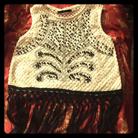 Zara Tops - Zara Beaded Mesh and Lace Tank with black fringing